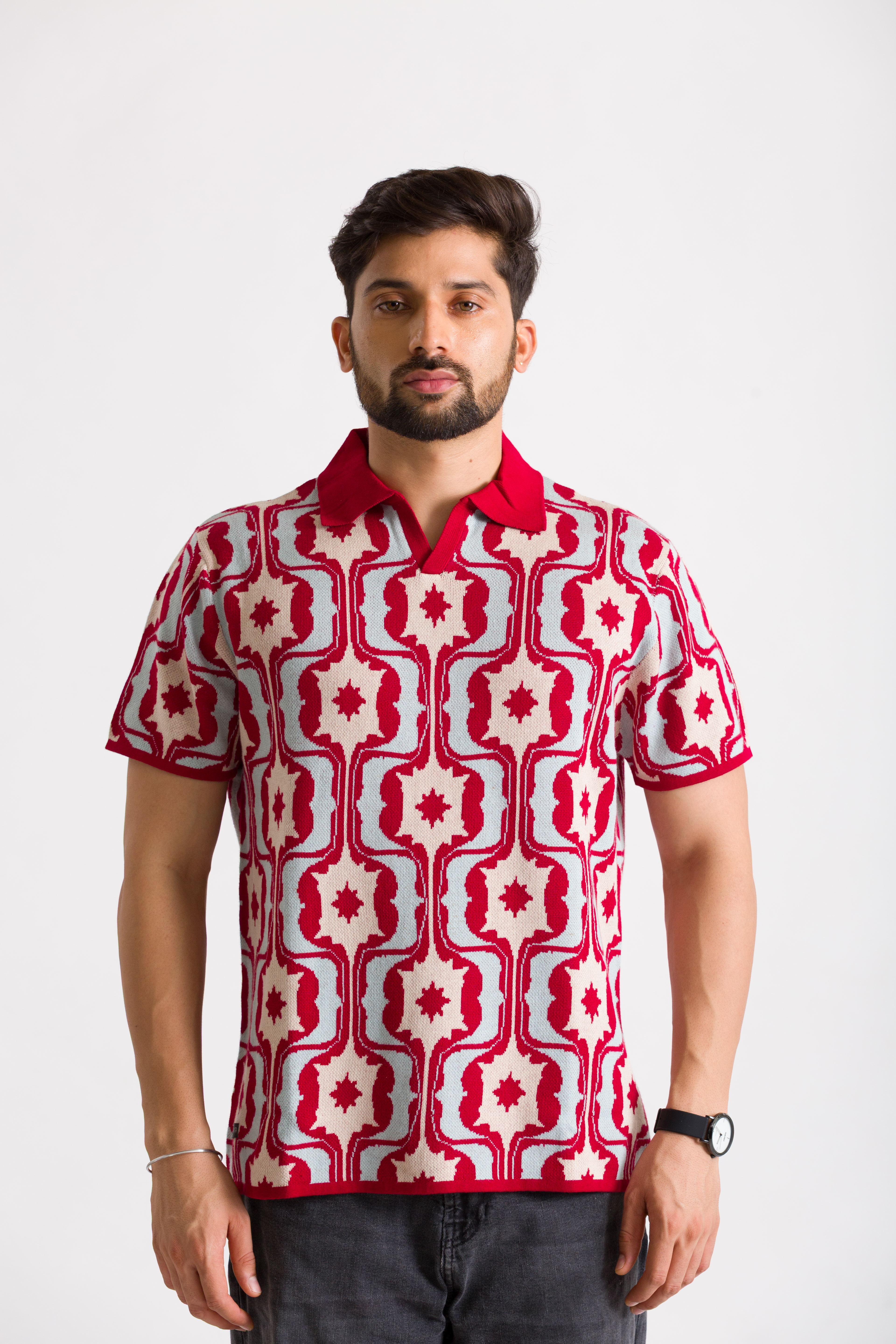 Knitted Red Jacquard Polo T-shirt